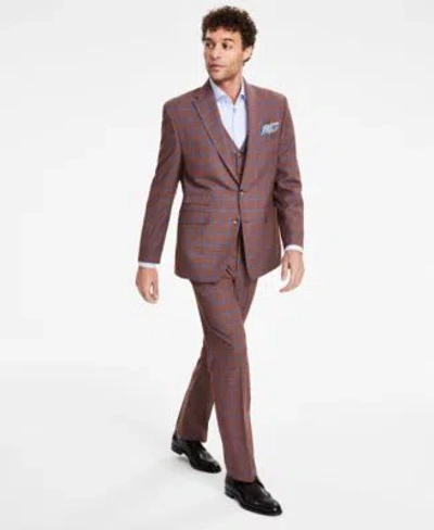 Tayion Collection Mens Classic Fit Plaid Vested Suit Separates In Rust,blue Plaid