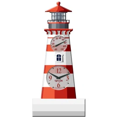 Taylor 12" Poly Resin Lighthouse Clock With Thermometer, Multicolored