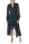 Taylor 3015m High Floral Print Long Sleeve Cocktail Dress In Blue