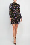 Taylor 3125m Short Printed Long Sleeve Fitted Cocktail Dress In Black