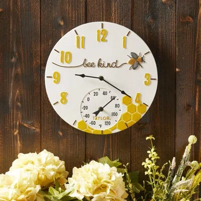 Taylor Bee Kind Poly Resin Clock And Thermometer, 14 Inch, Multi-color
