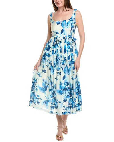 Taylor Black & White Stripe Floral Print Strapless Dress In Ivory/cornflower
