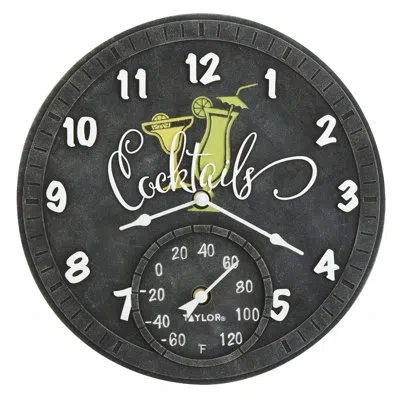 Taylor Bourbon Barrel Poly Resin Clock And Thermometer, 14 Inch, Multi-color