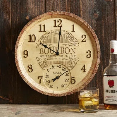 Taylor Bourbon Barrel Poly Resin Clock And Thermometer, 14 Inch, Multi-color