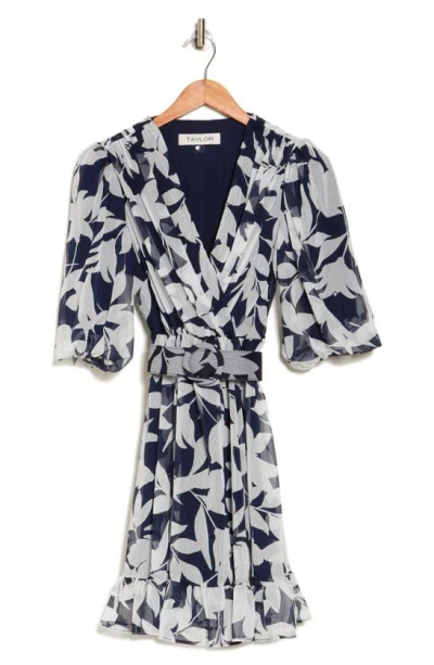 Taylor Dresses Faux Wrap Belted Dress In Navy White