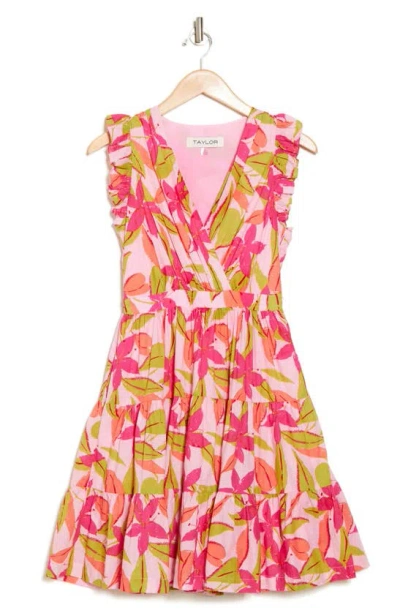 Taylor Dresses Floral Faux Wrap Dress In Pink Hawaii