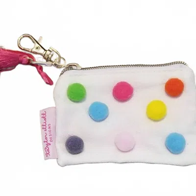 Taylor Elliott Designs Women's Mini Pom Pom Card Holder Keychain In Gray & White Stripe In Red