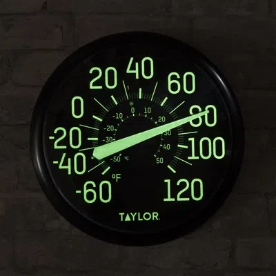 Taylor Glow In The Dark Wall Indoor Thermometer, 13.25 Inch, Black