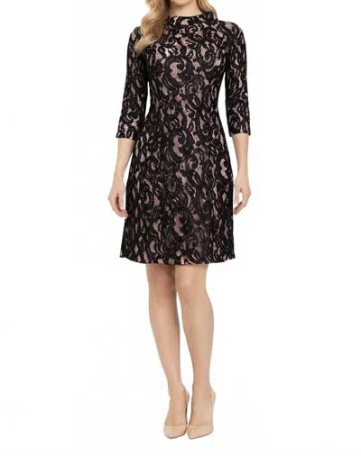 Taylor Lace Mock Neck A-line Dress In Black/pink
