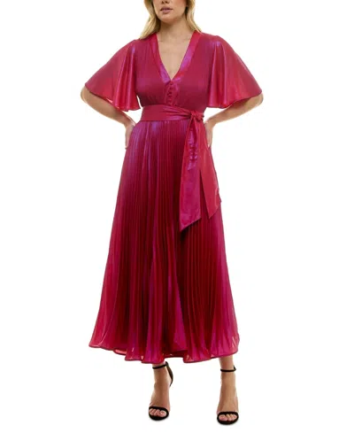 Taylor Midi Dress Women's Red Shimmer Sunburst-pleated Flutter Sleeve Fts1431 In Brown