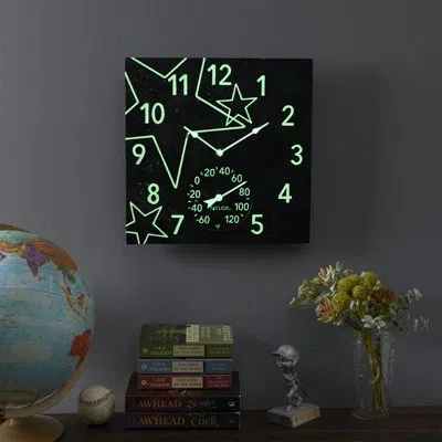 Taylor Midnight Stars Glow In The Dark Poly Resin Clock With Thermometer 14" Wall Clock In Black