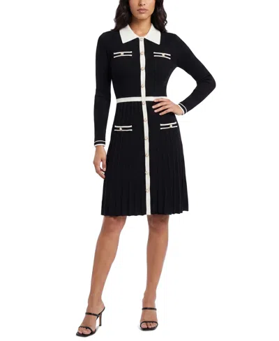 Taylor Petite Button Fit Colorblock Sweater Long-sleeve Shirt Collar Dress In Black.ivory