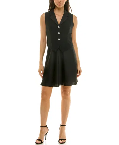 Taylor Petite Button-front Combo Shift Dress In Black