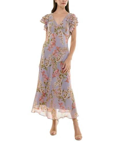 Taylor Petite Floral Print Flutter-sleeve Midi Dress In Dusty Lilac Salmon