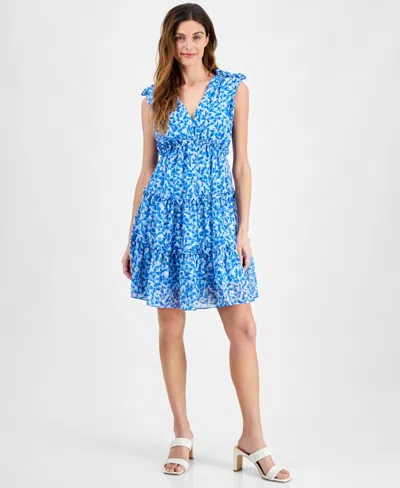 Taylor Petite Floral-print Tiered A-line Dress In China Blue