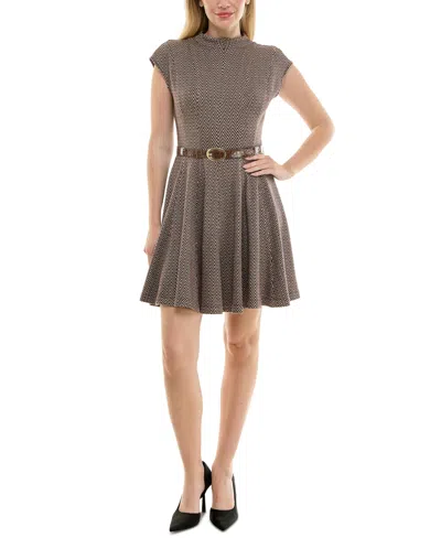 Taylor Petite Jacquard Mock-neck Belted Fit & Flare Dress In Brown