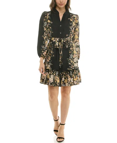 Taylor Petite Placement Print Button Front Dress In Black