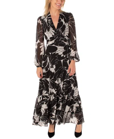 Taylor Petite Printed Blouson-sleeve Maxi Dress In Black