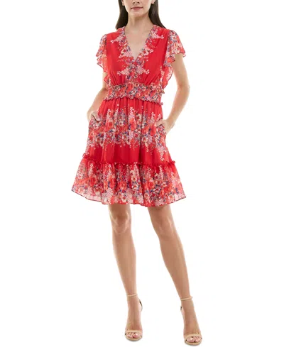 Taylor Petite Printed Flutter-sleeve Fit & Flare Dress In Flamedenim