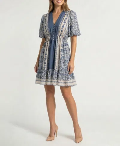 Taylor Petite Printed V-neck Puff-sleeve Ruffled-hem Dress In Blue