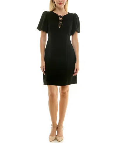 Taylor Petite Puff Sleeve Flower Trim Dress In Black