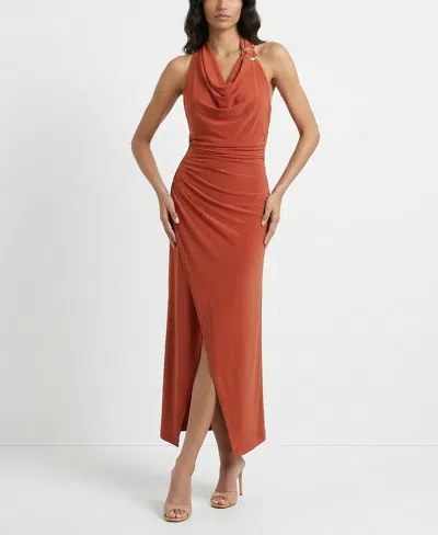 Taylor Petite Ruched Cowl Neck Sleeveless Dress In Brown