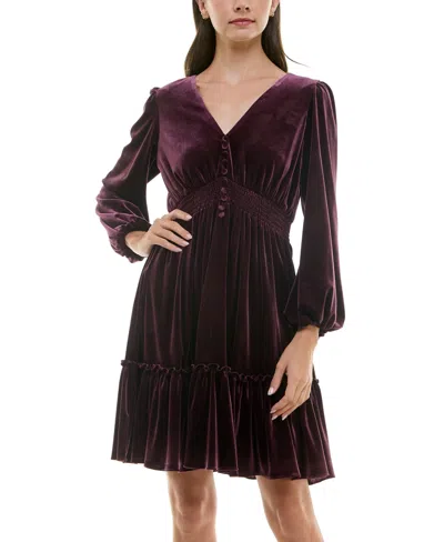 Taylor Petite V-neck Long-sleeve Smocked-waist Velvet Dress In Animal Print