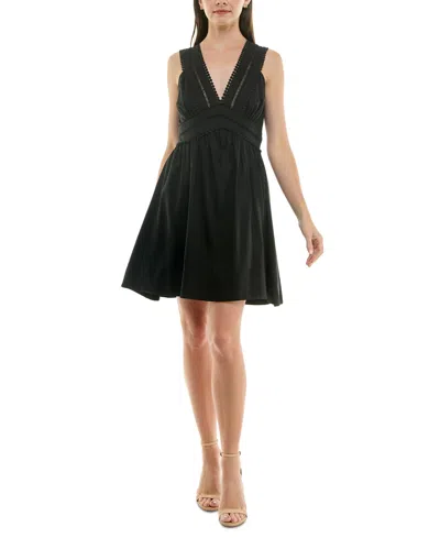 Taylor Petite V-neck Sleeveless Lace-inset Mini Dress In Soot