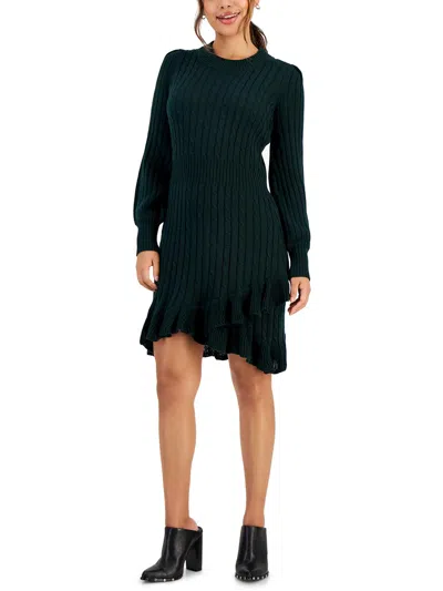 Taylor Petites Womens Cable Knit Ruffled Sweaterdress In Green