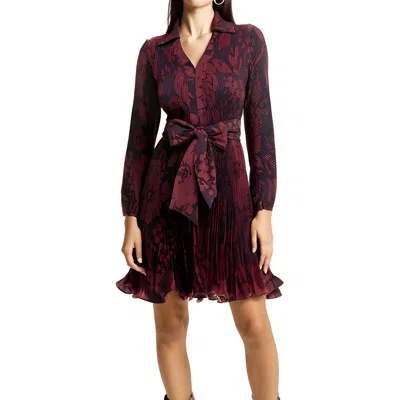 Taylor Petites Womens Pleated Polyester Fit & Flare Dress In Burgundy