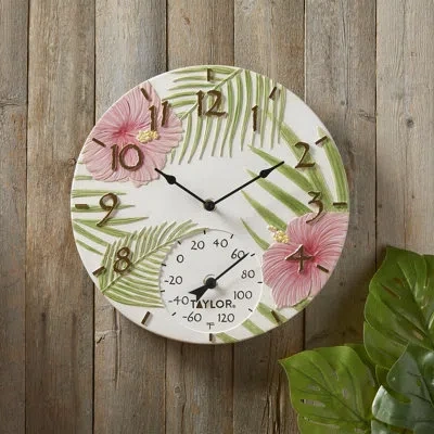 Taylor Pink Hibiscus Poly Resin Clock And Thermometer, 14 Inch, Multi-color