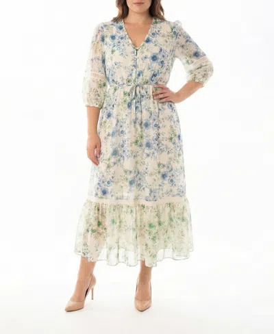 Taylor Plus Size 3/4-length Sleeve Printed Maxi Shirt Dress In Multi