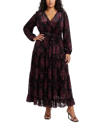 Taylor Plus Size Burnout Velvet Maxi Floral A-line Dress In Black.china Rose