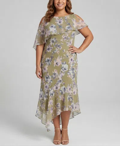 Taylor Plus Size Chiffon Printed Scoop Neck Dress In Green