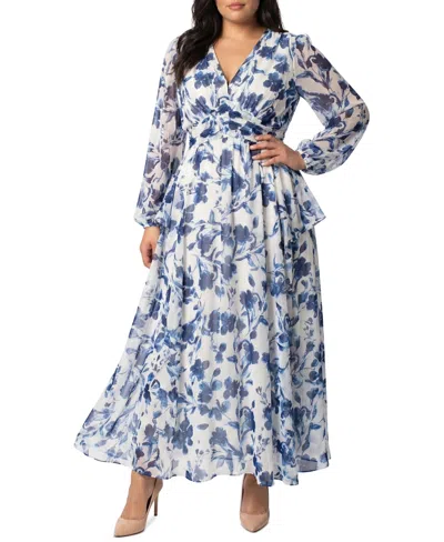 Taylor Plus Size Cinched Waist Chiffon Maxi Dress In Blue