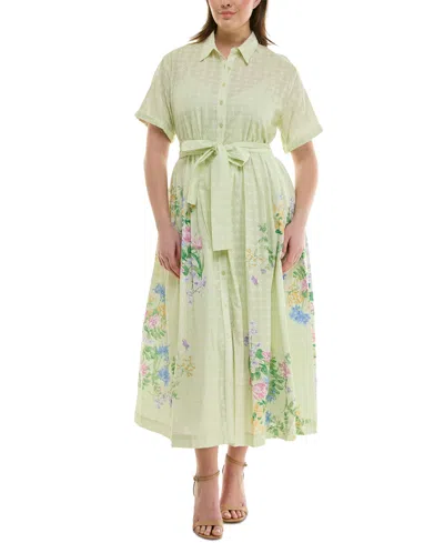 Taylor Plus Size Cotton Eyelet Floral-print Shirtdress In Green