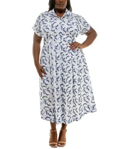 Taylor Plus Size Floral-embroidered Button-front Dress In Ivory Blue