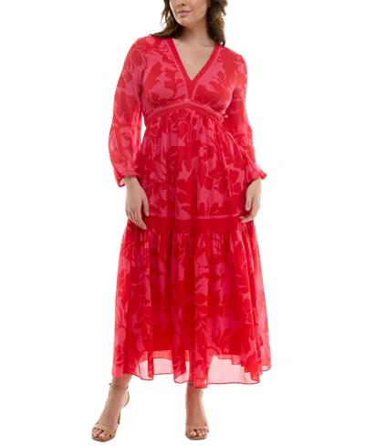 Taylor Plus Size Floral-print Blouson-sleeve Maxi Dress In Pink Red