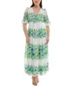 Taylor Plus Size Floral-print Chiffon A-line Midi Dress In Ivory Cerulean
