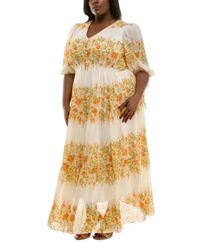 Taylor Plus Size Floral-print Chiffon A-line Midi Dress In Ivory Honeybee