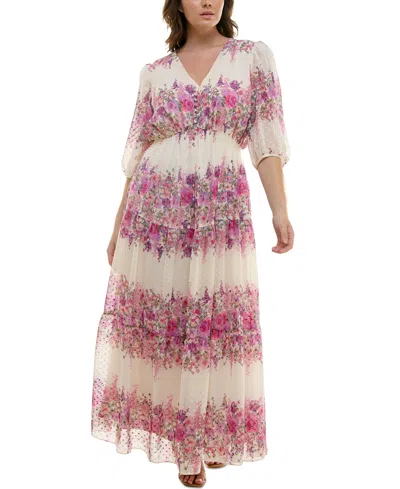 Taylor Plus Size Floral-print Chiffon A-line Midi Dress In Ivory Wisteria