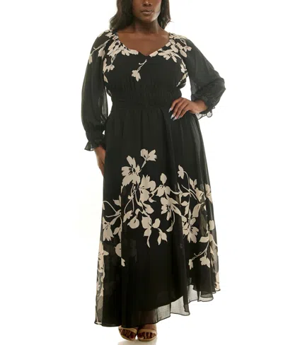 Taylor Plus Size Floral-print Elastic-waist Chiffon Maxi Dress In Black