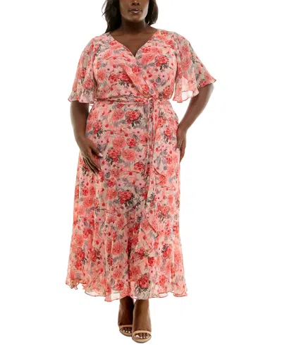 Taylor Plus Size Floral-print Flutter-sleeve Maxi Dress In Bisque Coral Pink