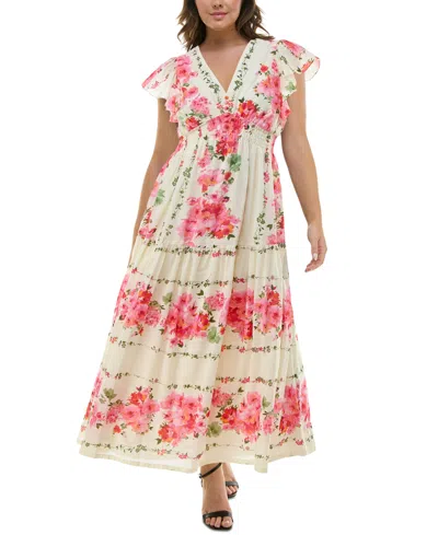 Taylor Plus Size Floral-print Flutter-sleeve Maxi Dress In Cream Bubblegum