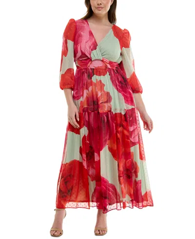 Taylor Plus Size Floral-print Twist-waist Tiered Dress In Sage Scarlet