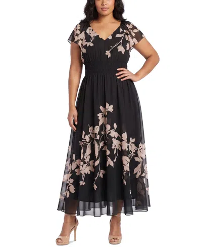 Taylor Plus Size Floral Smocked Waist V-neck Dress In Black