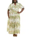 Taylor Plus Size Floral Split-neck Puff-sleeve Maxi Dress In Ivory Sunset Orange
