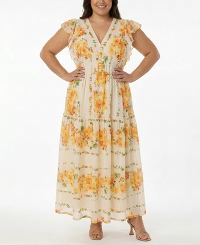 Taylor Plus Size Floral-print Flutter-sleeve Maxi Dress In Multi
