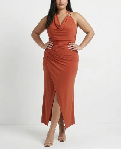 Taylor Plus Size Flutter Capelet Cowl Neck Dress In Brown