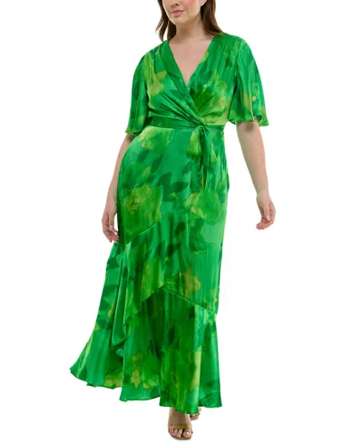 Taylor Plus Size Flutter-sleeve Faux-wrap Maxi Dress In Bright Green